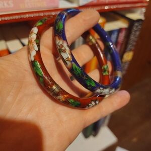 Floral cloisonne bangle Enamel Bangles Set - Red and Blue